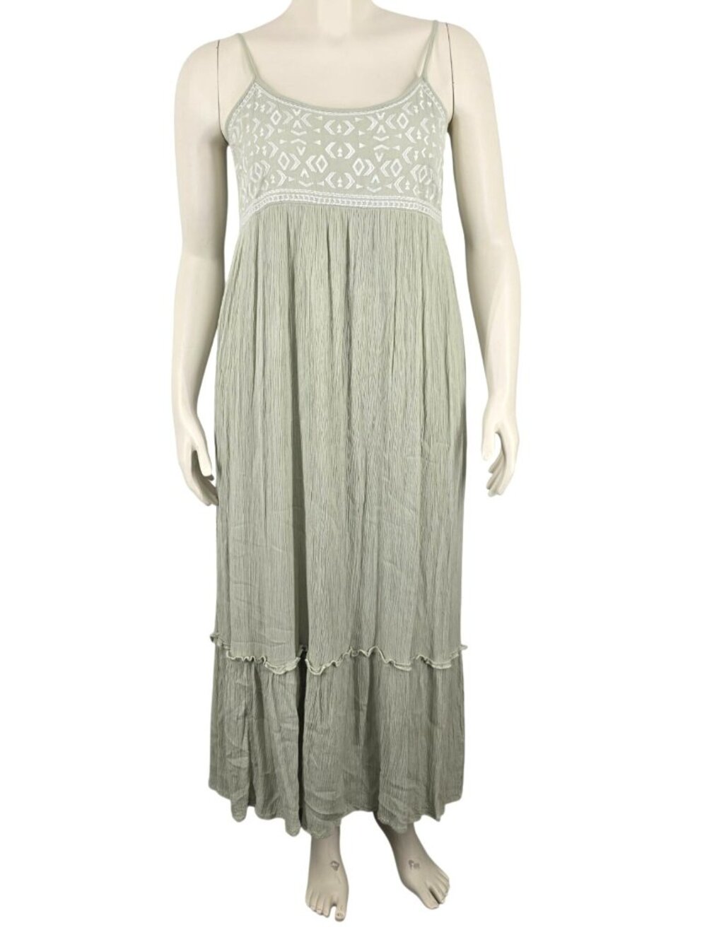 Women's Sim & Sam Sage Green Embroidered Maxi Dress Spaghetti Straps Large Gauze